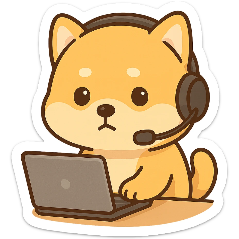 A yellow Shiba Inu wearing a headset is working, looking at the audience with an ambiguous look sticker