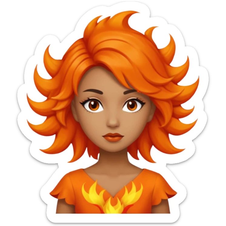 A girl tan skin face emoji with skin head hair styled, dramatic makeup and an orange flame-themed dress. sticker