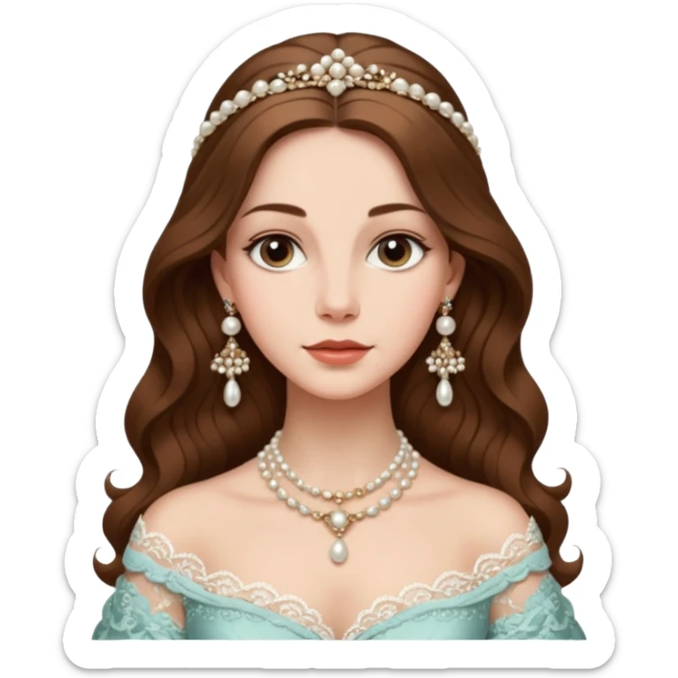 An emoji portrait of an Italian noblewoman. She wears a lavish gown with intricate lace details and a pearl necklace. Her expression is serene and elegant. sticker