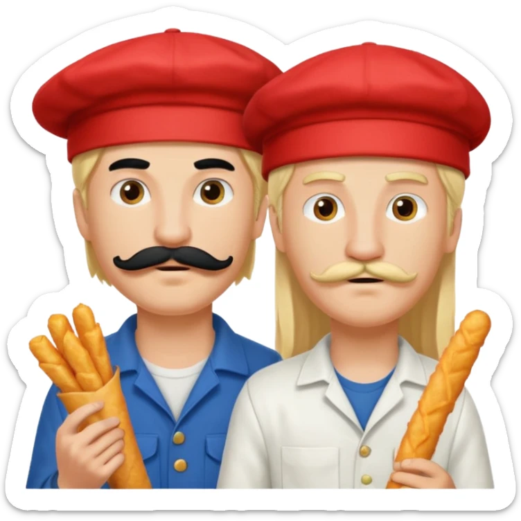 Aurore had long blond hair and Enzo is an Italian boy with mid-long black hair, mustache and a cap on his head and they are figthing like monster about mozzarella sticks sticker