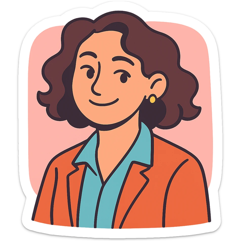 portrait of a grounded, emotionally intelligent woman with wavy hair, soft but energized expression, approachable professional look, pastel background sticker