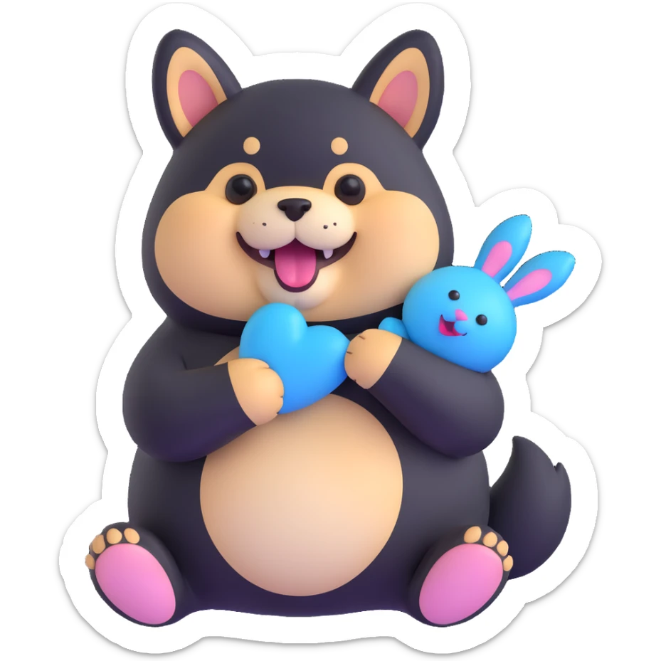 overweight black shiba inu holding a fluffy blue bunny toy by mouth, smiling, hint of cheese smell sticker