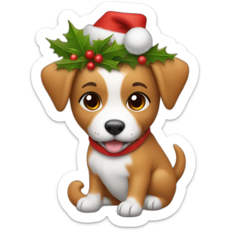 a puppy riding a  bike in a cute dress with a crhistmas hat sticker