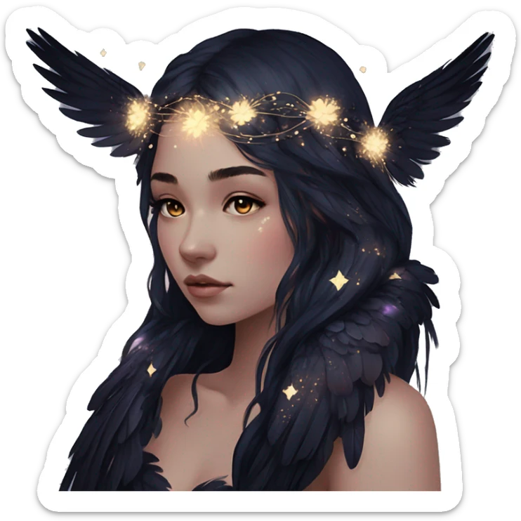 Black Raven wings bohemian girl Ethereal galaxy constellation girl angel raven wings black wings, gold arrow, nebula, flower crown, fairy lights, iridescent sticker