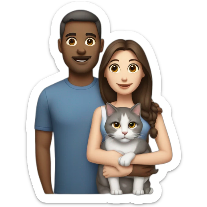 brown white man and brunette woman with a big gray cat in their arms sticker