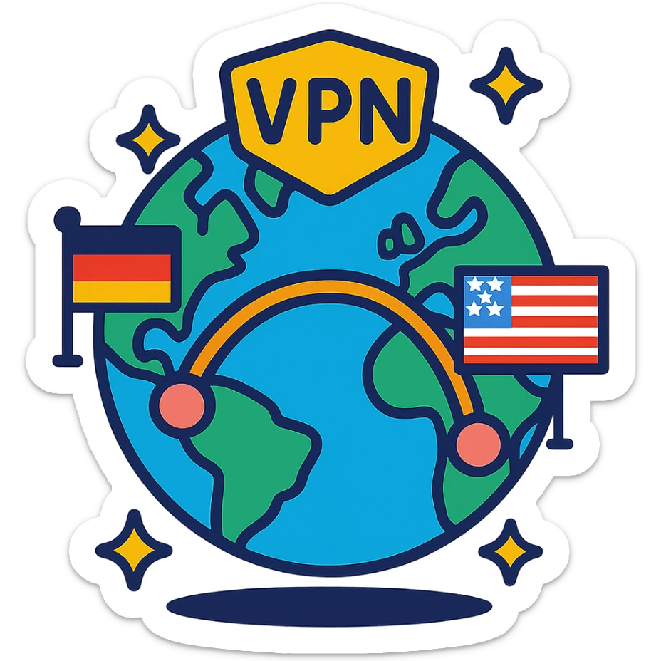 VPN globe icon showing a connection from Germany to the USA, cartoon style, no text, suitable for Instagram Reel sticker