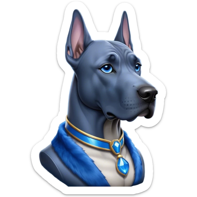 Cinematic Noble Blue Great Dane Portrait Emoji, Poised and regal, with a towering, muscular build and a sleek, well-groomed deep blue Fur, deep-set soulful steel-blue eyes, Simplified yet sharp and sophisticated features, highly detailed, glowing with a cool, dignified glow, high shine, intelligent and commanding, stylized with an air of majesty, focused and attentive, soft glowing outline, capturing the essence of a watchful and authoritative guardian, so majestic it feels as though it could stride out of the screen with effortless authority! sticker