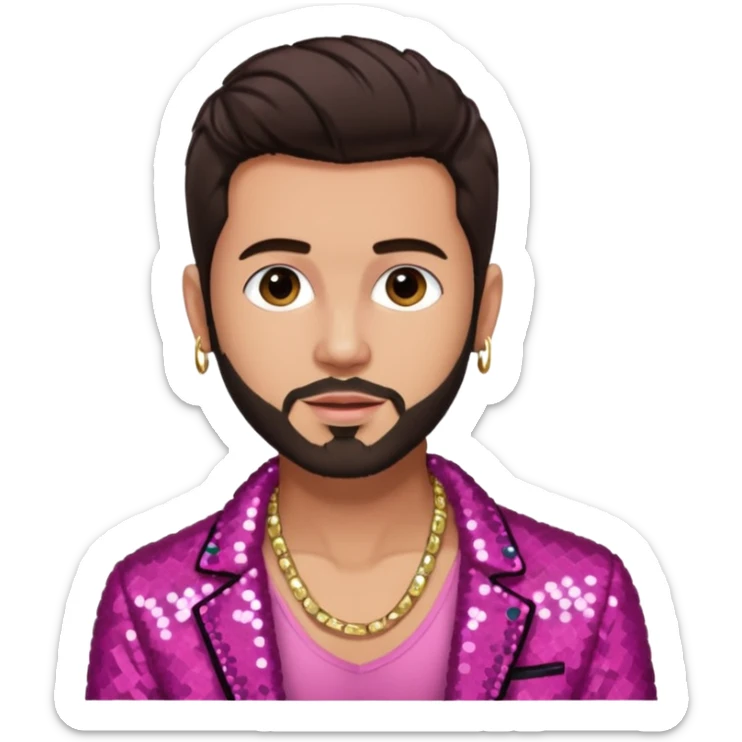 Frankie Zulferino, Pop Singer (b.1990) with dark brown hair and short beard, dark pink sequin jacket, light tan skin, shirtless with necklace sticker
