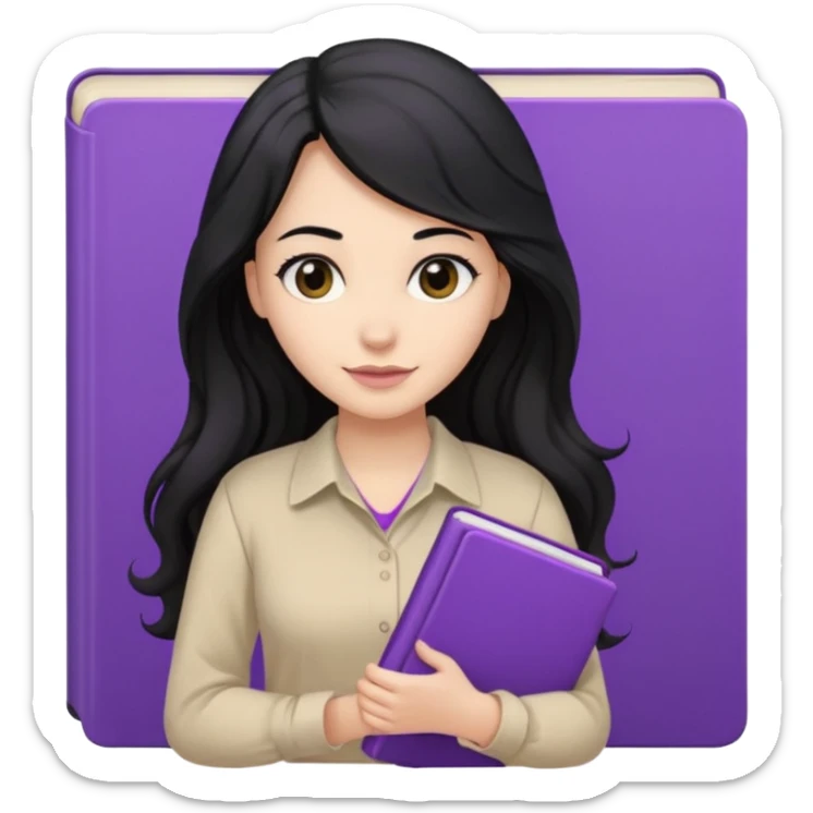 Long Hair Women with purple Book, Black wavy hair, beige shirt sticker