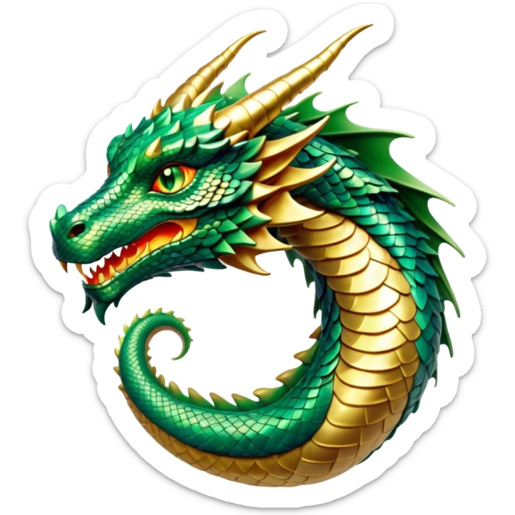 Cinematic Noble Dragon Portrait Emoji, Poised and majestic, with a sinuous, elongated body covered in intricately detailed, shimmering scales in hues of emerald and gold, and piercing, fiery eyes that reflect ancient wisdom; rendered with lifelike texture and natural highlights, high shine, intelligent and formidable, styled with an aura of mythic power, focused and attentive, soft glowing outline, capturing the essence of a legendary dragon that appears ready to soar out of the screen with timeless authority! sticker
