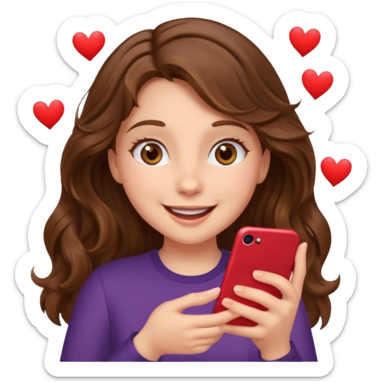 Girl with wavy brown hair and hazel eyes Looking at phone and in love and she is excited and hot with hearts sticker