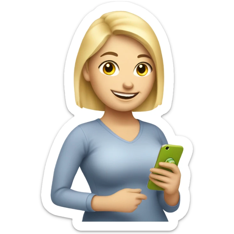 overweight blondie woman happy with a smartphone in hands showing charts sticker