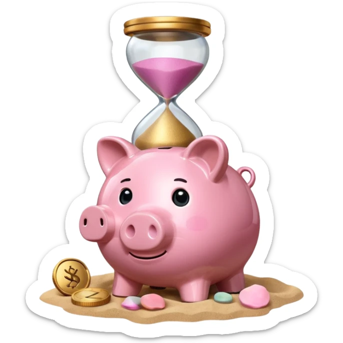 A piggy bank with a coin and an hourglass ⏳ beside it, symbolizing saving over time for retirement. sticker
