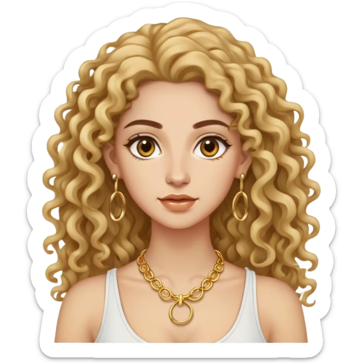 attractive Greek woman with long curly hair and light skin wearing gold hoop earrings and a small gold necklace sticker