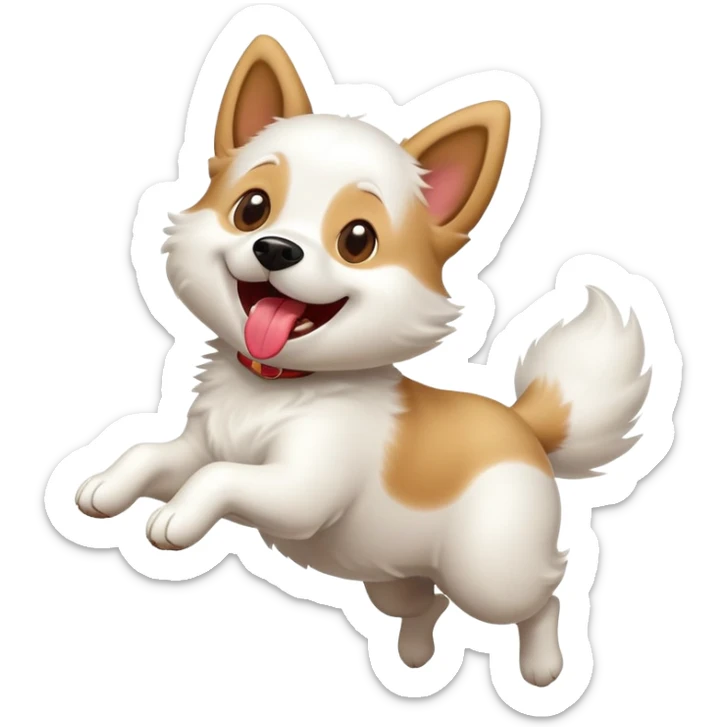A happy cartoon dog jumping with excitement, mid-air, tongue out, tail wagging, simple and expressive emoji style sticker