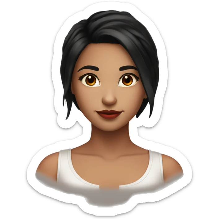 Pretty brown eyed girl with black hair and red highlights and a croptop sticker