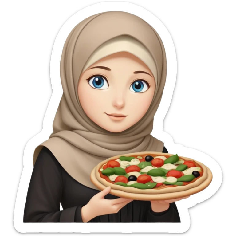 Turkish beautiful finish Konya girl blue eyes with beige and black hijab islamic dress and had on her hand vegetable pizza sticker