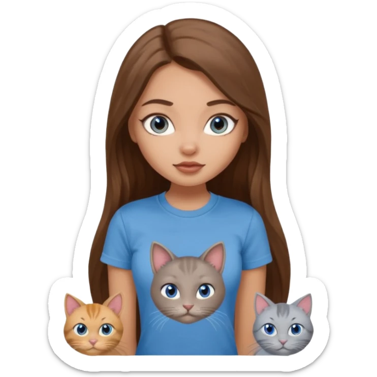 a pretty bratz dusky light skin girl with long brown hair, blue eyes with six cats nd wearing a grey tshirt sticker
