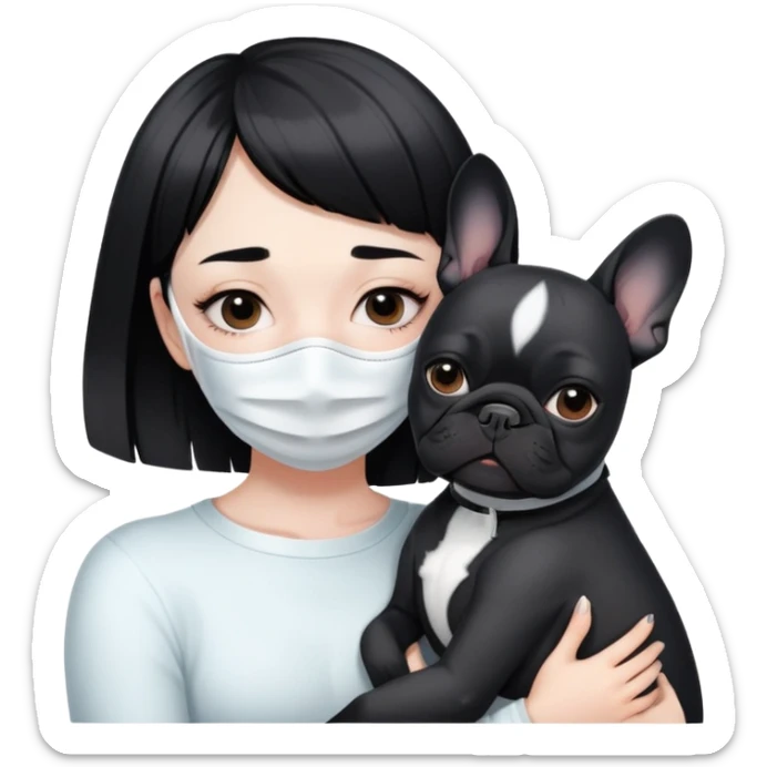girl with short black straight bangs hair wearing a white mask and hugging one black French bulldoge  sticker