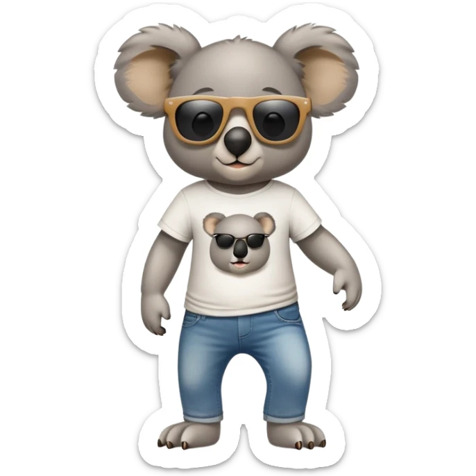anthropomorphised koala wearing a 'Go' t-shirt and jeans with dark sunglasses walking upright sticker
