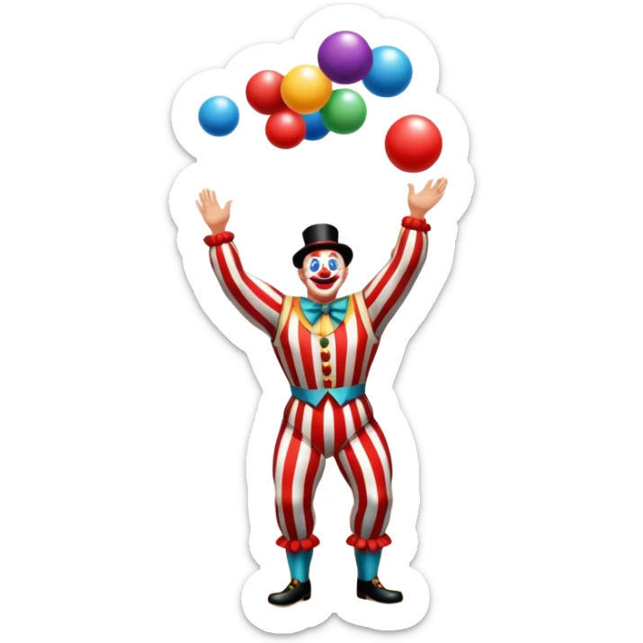 Icon for Circus Arts: a vibrant circus arena with a strongman in a striped costume, a juggler tossing colorful balls, and a clown. The icon should represent the energy and entertainment of the circus, with emphasis on performance and spectacle. Transparent background. sticker