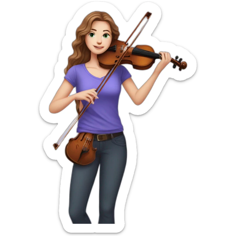 White female long brown wavy hair, vivid blue eyes, purple shirt, holding a violin, standing in a garden, with laptop sticker