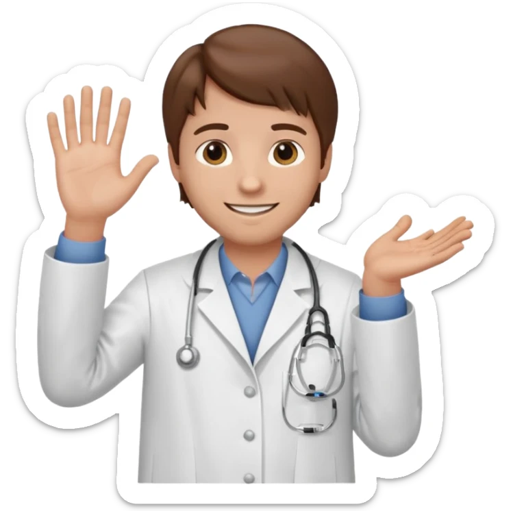 Radiografía de mano sostenida por un hombre con bata blanca  piel clara cabello café saludando sticker