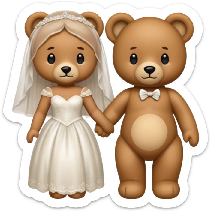 Teddy bear wearing white wedding dress holding the hand to another teddy bear wearing nothing.  sticker