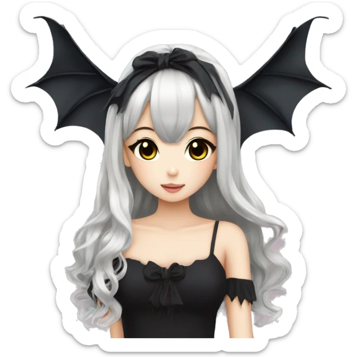 hime gyaru girl, beautiful long black hair, black top, bat wings sticker