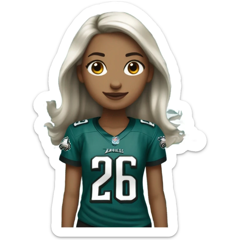 Whited skinned girl with brown hair wearing Philadelphia eagles jersey with number 26 sticker