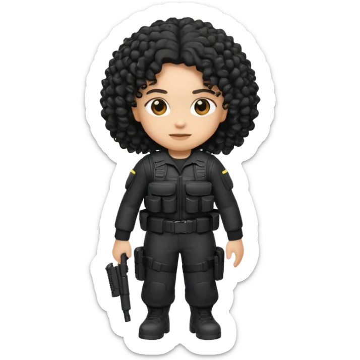 emoji dressed in black, curly hair, light skin, and tactical gear  sticker