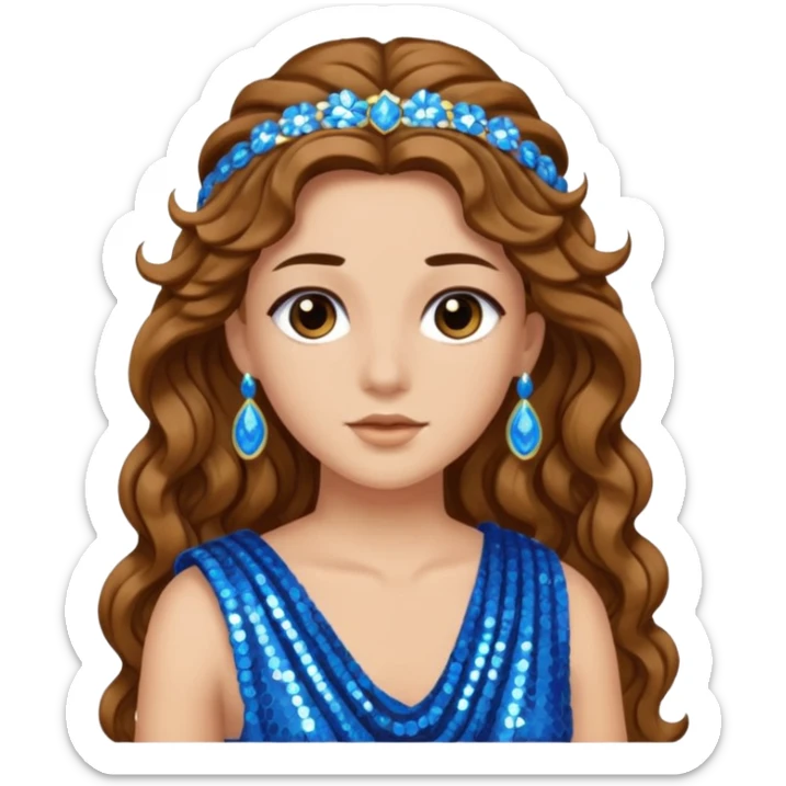 Hera from Greek Gods with long brown wavy hair, blue sequin toga sticker