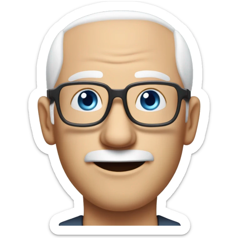 mid age man with paste square glasses, bald with white hair on sides of his gead, big ears and expression lines on bouth sides of mouth, tilted head to the side, blue eyes and no beard o mustache sticker