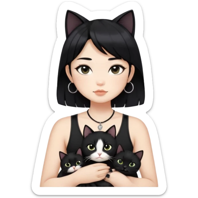 Asian cool girl, black hair, slightly longer than shoulder.  Holding two BLACK cats. one cat has a round fat face, the other one has a slightly slimmer face. Both pure black.  The girl also wearing a black singlet, a black chocker, silver round hook earring, and wearing eyeliner.  sticker