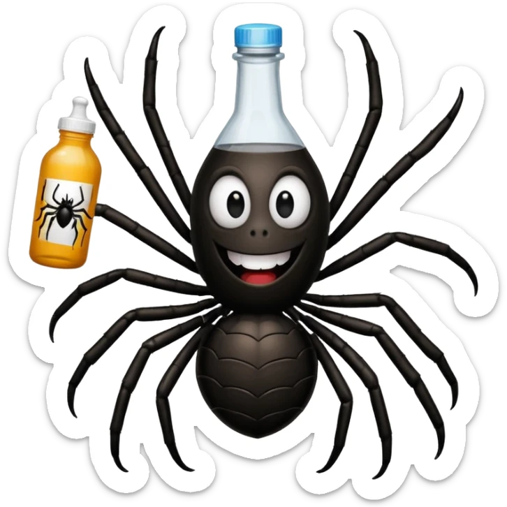 wesoły śmieszny pająk z butelka jadu i podpisem cześć sticker