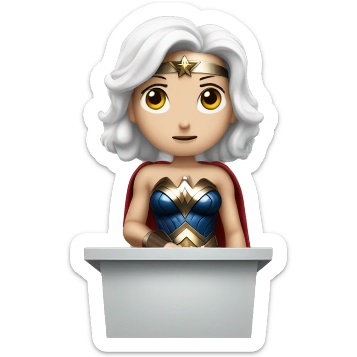 white skin wonder woman behind a podium giving a sad speech sticker