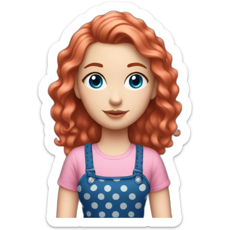 white girl with red wavy hair and blue eyes. she's wearing a black polka dots strap dress, with a pink t-shirt underneath. sticker
