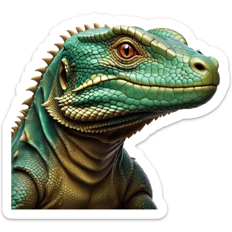 Cinematic Noble Komodo Dragon Lizard Portrait Emoji, Poised and regal, with a rugged, scaled body and powerful stance, deep-set intense eyes and textured, weathered skin, Simplified yet sharp and sophisticated features, highly detailed, glowing with a soft, ancient glow, high shine, intelligent and formidable, stylized with an air of primordial authority, focused and commanding, soft glowing outline, capturing the essence of a watchful and confident guardian that appears ready to stride out of the screen with timeless power! sticker