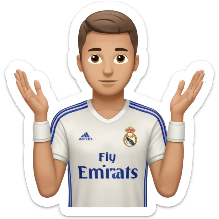 White male wearing Adidas Real Madrid jersey with Champions logo on sleeve sticker