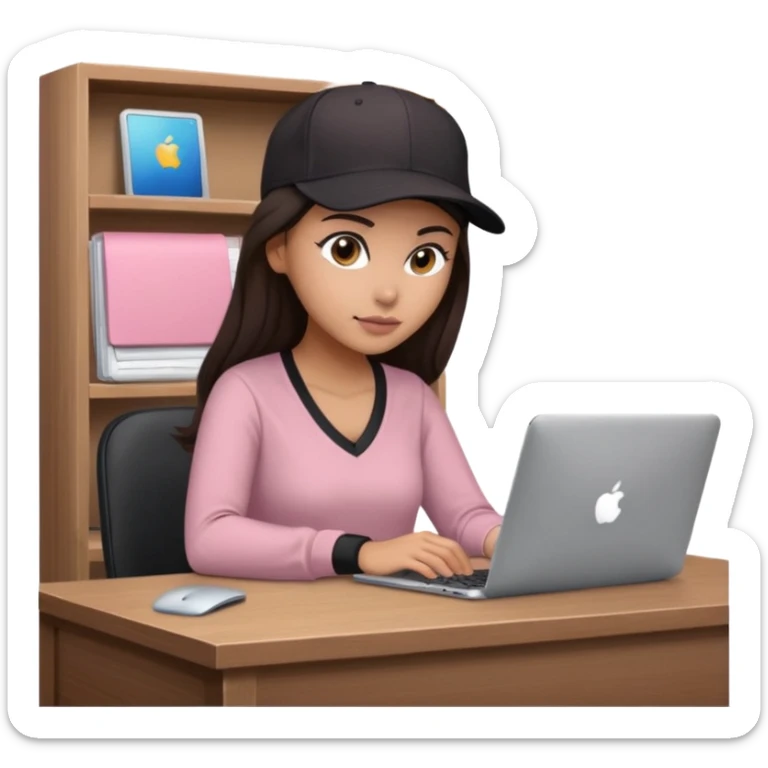 A professional 3D avatar of a young woman with olive skin and long, dark brown hair, wearing a dark, long-sleeved V-neck dusty pink shirt and a black baseball cap. She's sitting at a sleek wooden desk, typing and looking at a silver MacBook.  sticker