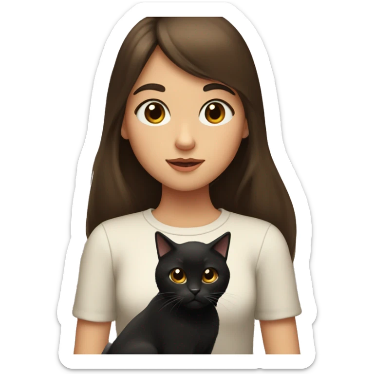 A girl with brown hair and brown eyes and bangs holds a black cat in her hands and looks at her sticker