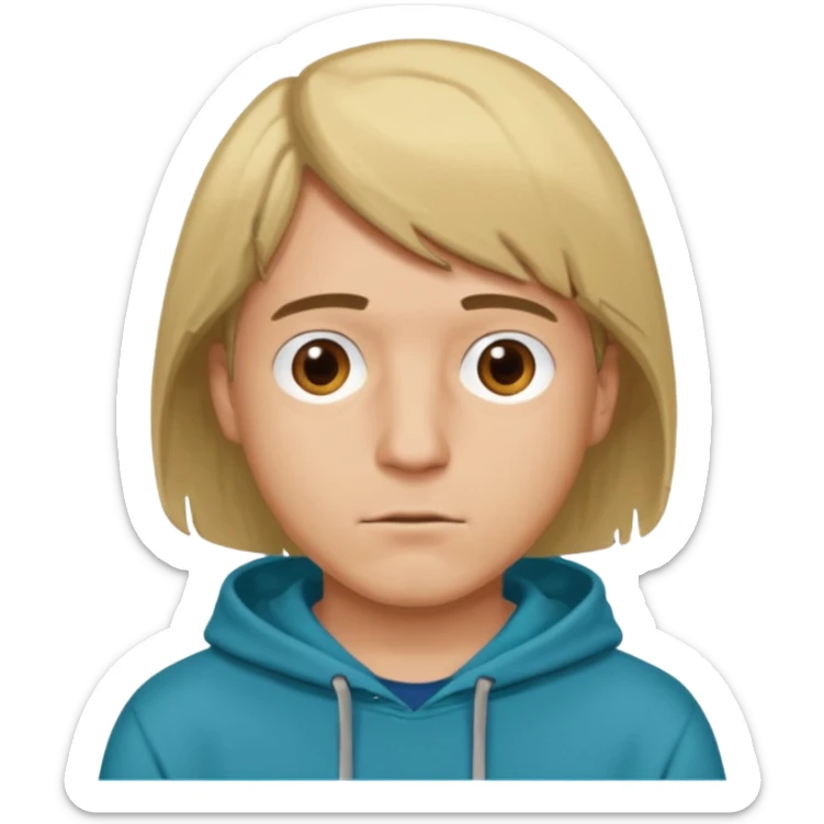 Dirty blonde guy with brown eyes dark aqua blue hoodie and hair with the shape of a bob cut sticker