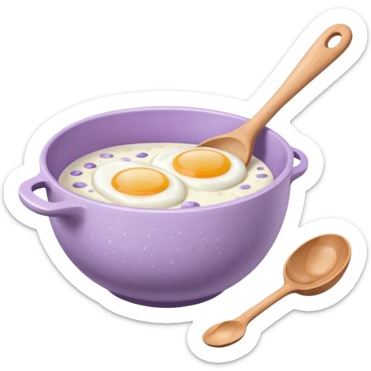 a lilac ceramic mixing bowl with a wooden spoon stirring and sitting next to it is a few eggs sticker