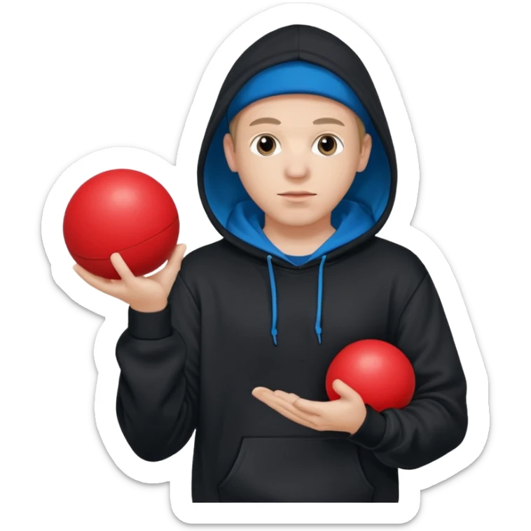 white rapper in a hoodie holding a blue ball in left hand and a red ball in right hand sticker