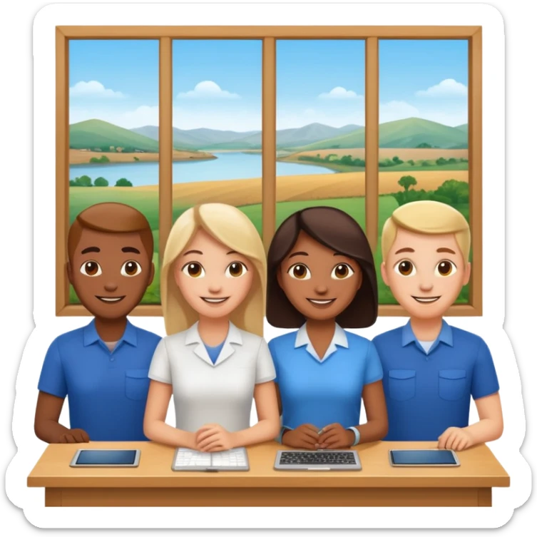 Employees of a startup company with a countryside view outside the window sticker