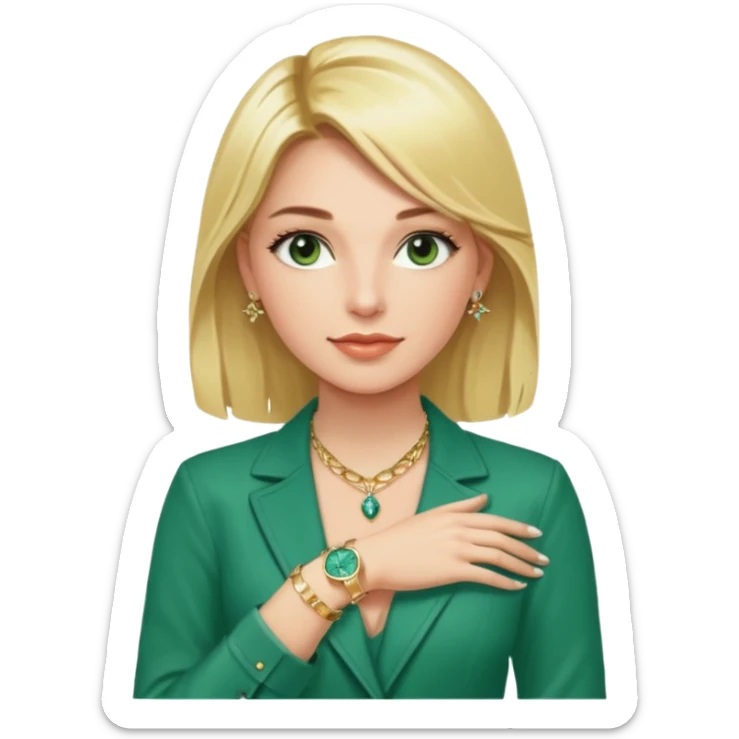 Breitling green faced watch on blonde girl wrist with gold necklace from a Tiffany and gold bracelets sticker