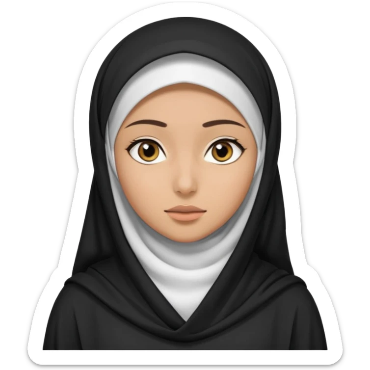 Make a emoji of a Muslim girl wearing a white hijab and "niqab on her face, with only her eyes visible" and her full body covered in an abaya or burqa. sticker