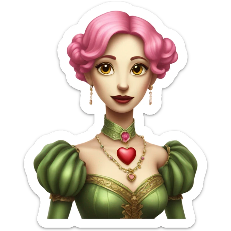 a green amazon alien woman in Victorian white gold, pink hair full body,holdig red big hearth sticker