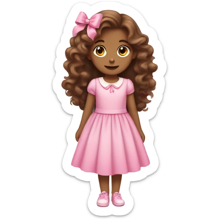 a girl with long brown wavy hair with pink bows, a cute dress, and nice shoes  sticker