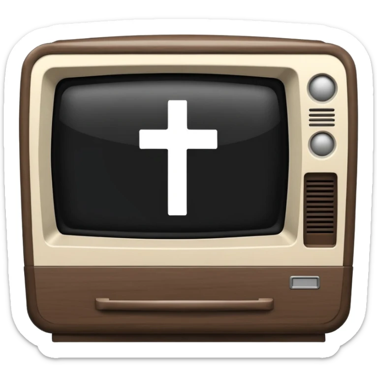 Minimalist emoji-style sticker of a CRT TV in the shape of a coffin, with a cross or static noise on the screen. Desaturated design.  sticker